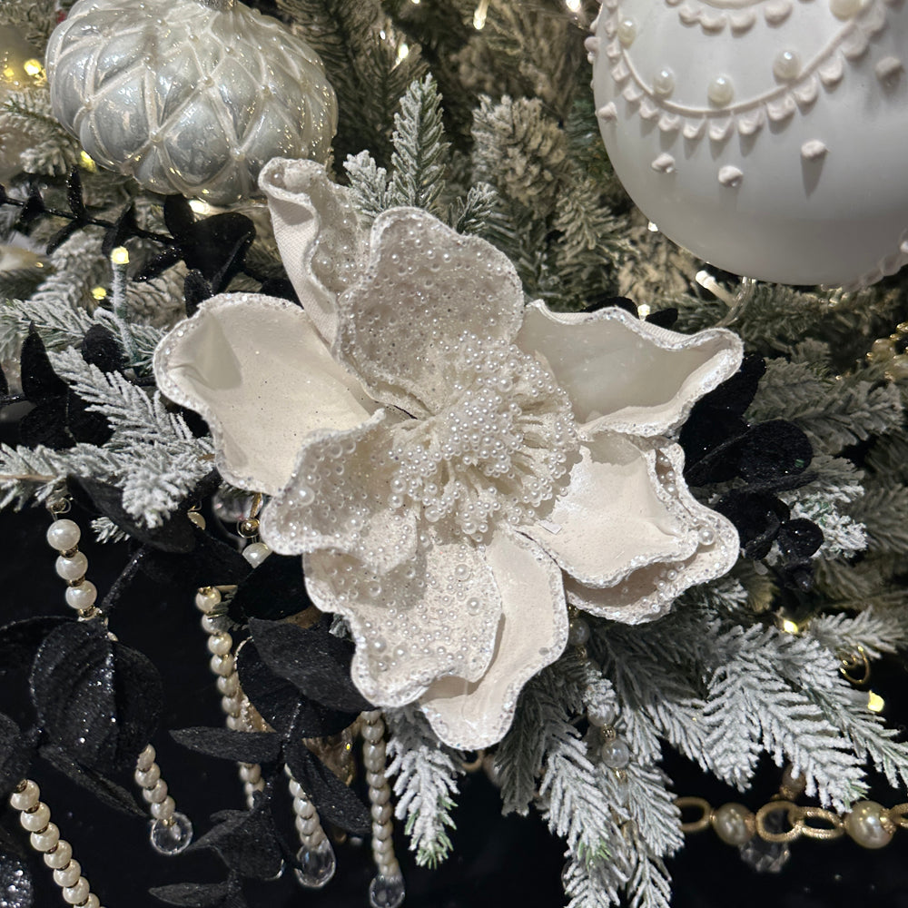 Viv! Christmas Kersttak - Bloem met Parels - wit - 45cm