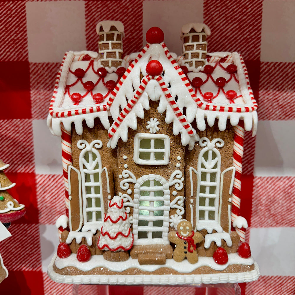 Viv! Christmas Kerstbeeld - Gingerbread Huis met Peperkoekmannetje incl. LED Verlichting - bruin rood wit - 25cm