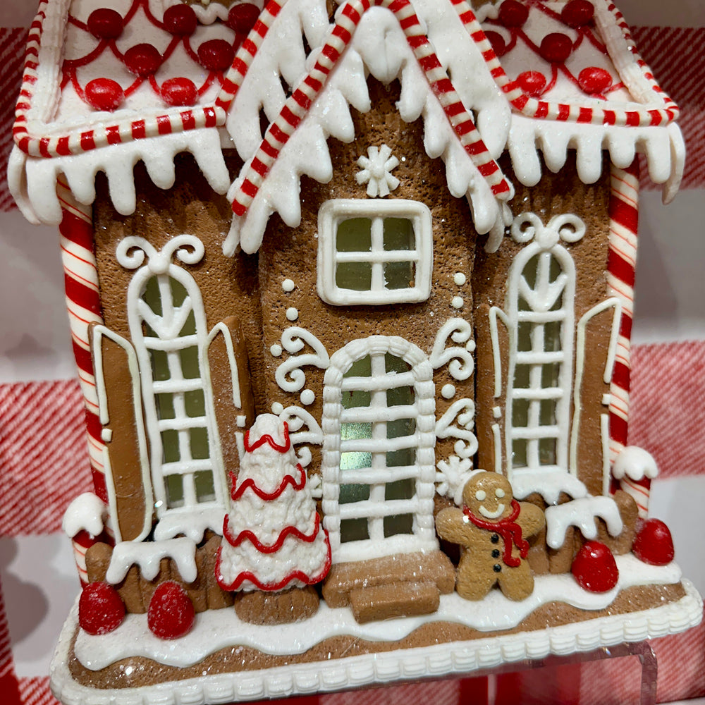Viv! Christmas Kerstbeeld - Gingerbread Huis met Peperkoekmannetje incl. LED Verlichting - bruin rood wit - 25cm