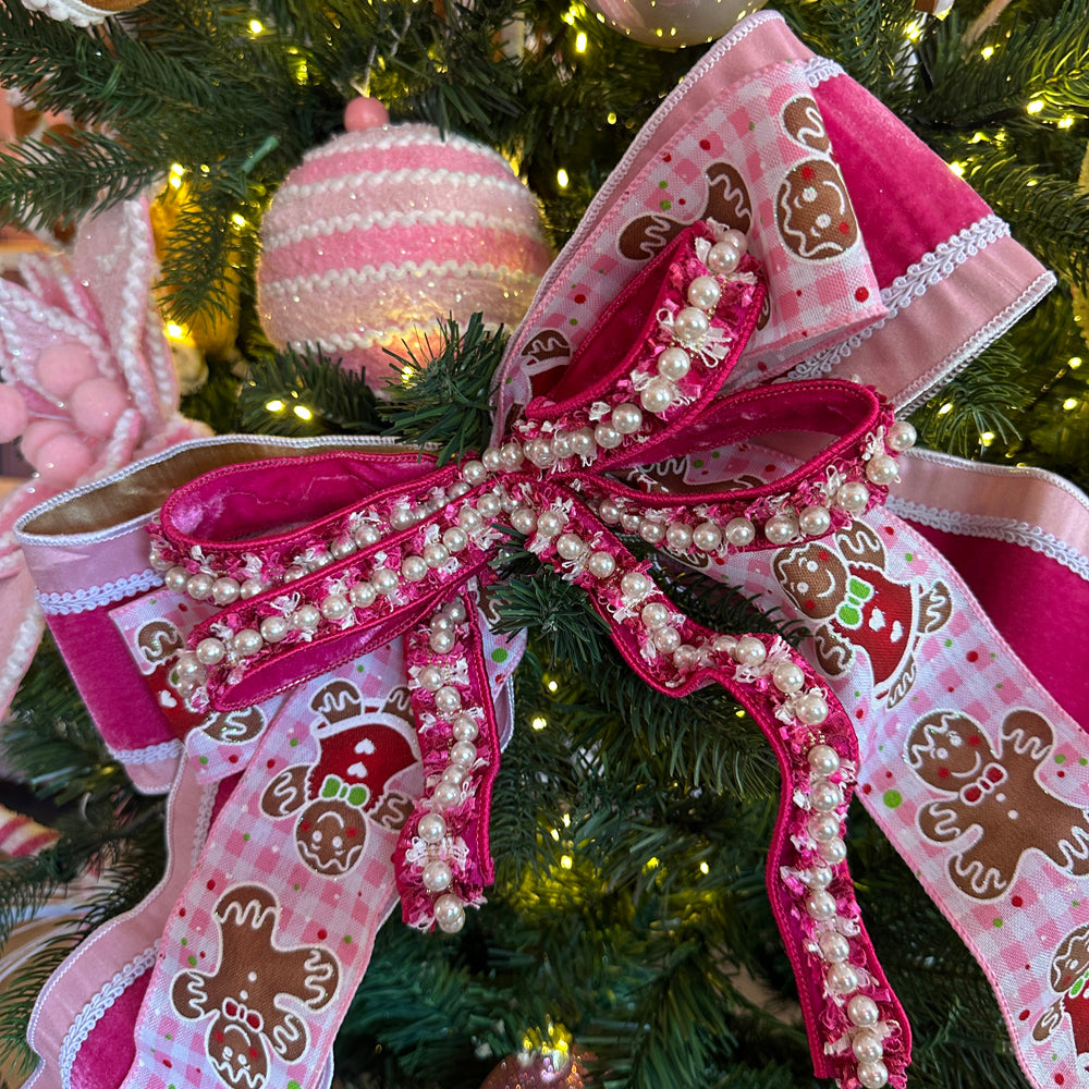 Viv! Christmas Ribbon with Iron Wire - Velvet with Tweed & Pearls - Pink - 2.5cm x 4.6m