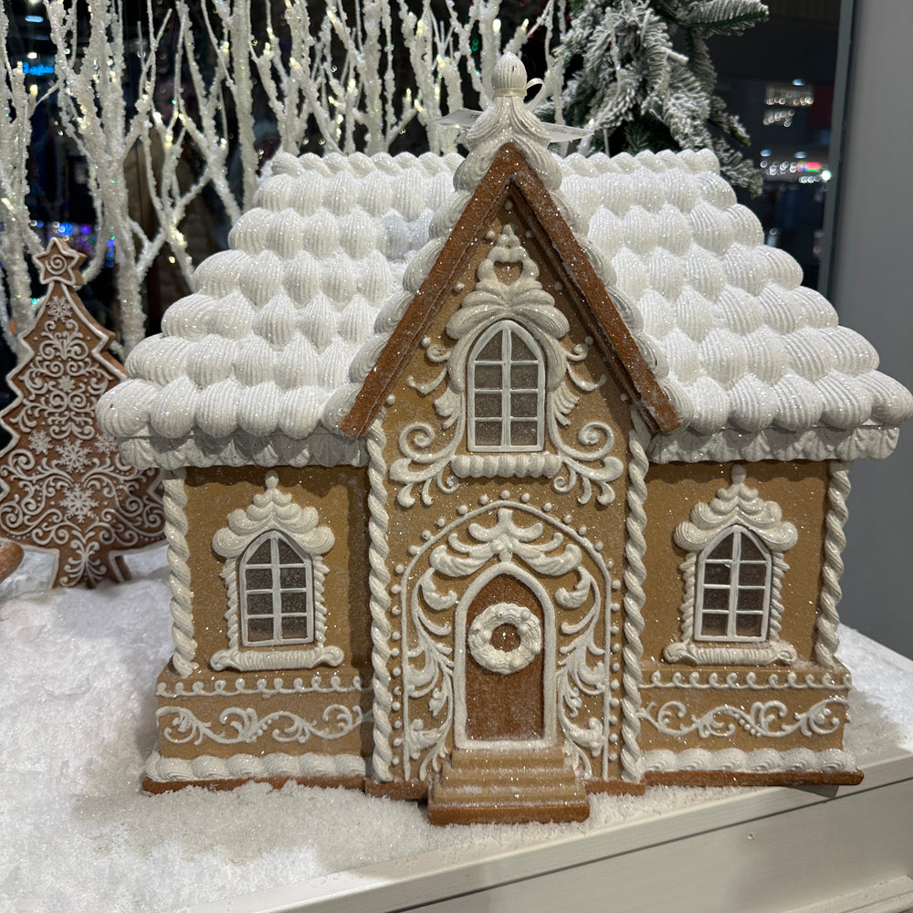 Viv! Christmas Kerstbeeld - XL Breed Victoriaans Gingerbread Huis incl. LED Verlichting - bruin wit - 45cm