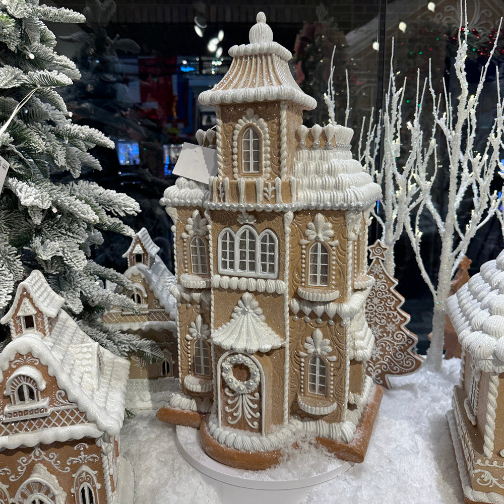 Viv! Christmas Tabletop Figure - XL Tall Victorian Gingerbread House incl. LED Lighting - brown white - 61cm