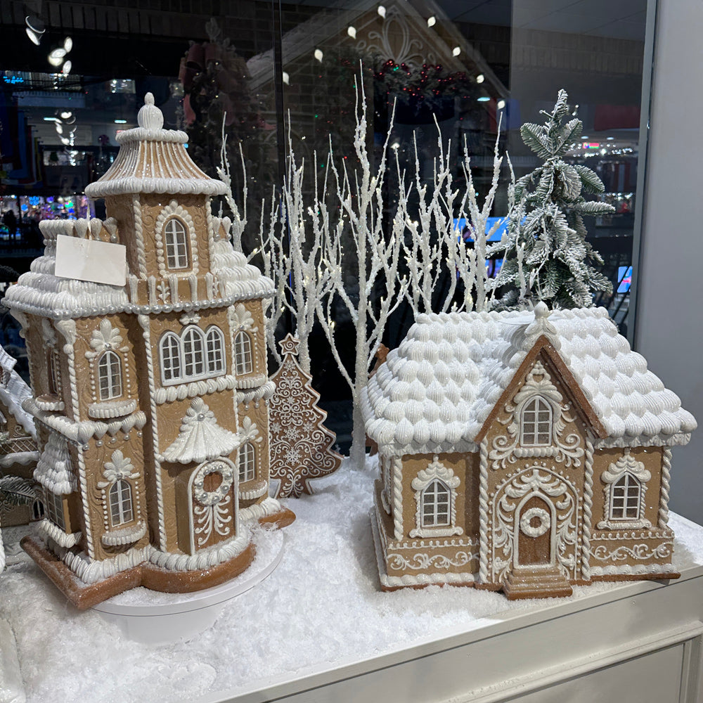 Viv! Christmas Kerstbeeld - XL Breed Victoriaans Gingerbread Huis incl. LED Verlichting - bruin wit - 45cm