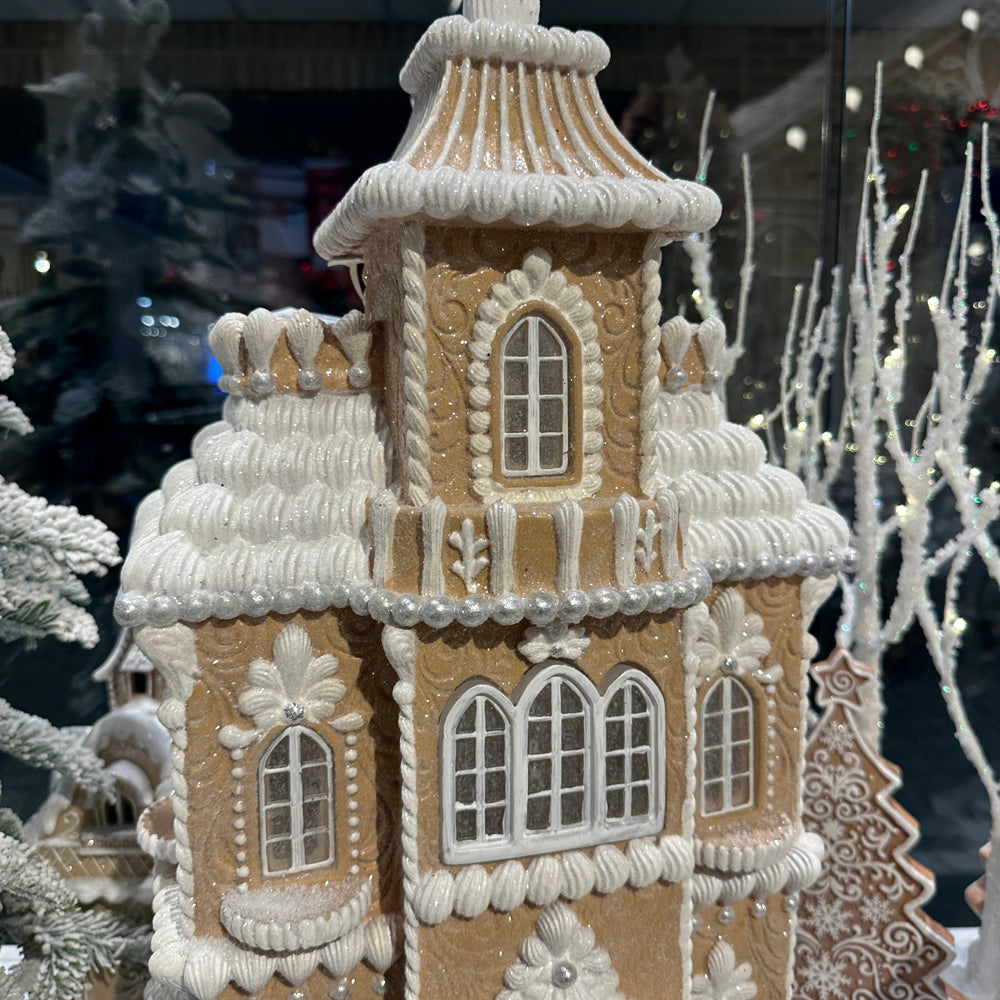 Viv! Christmas Tabletop Figure - XL Tall Victorian Gingerbread House incl. LED Lighting - brown white - 61cm