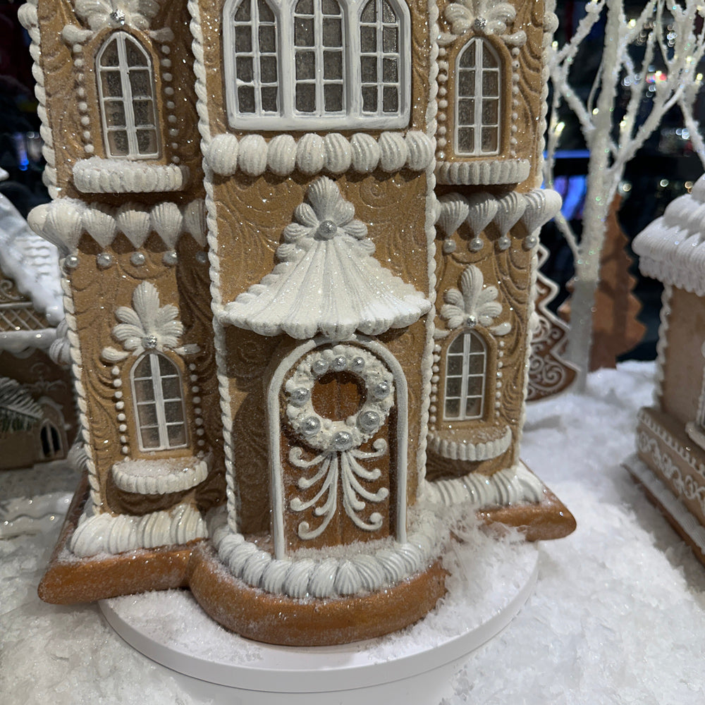Viv! Christmas Tabletop Figure - XL Tall Victorian Gingerbread House incl. LED Lighting - brown white - 61cm