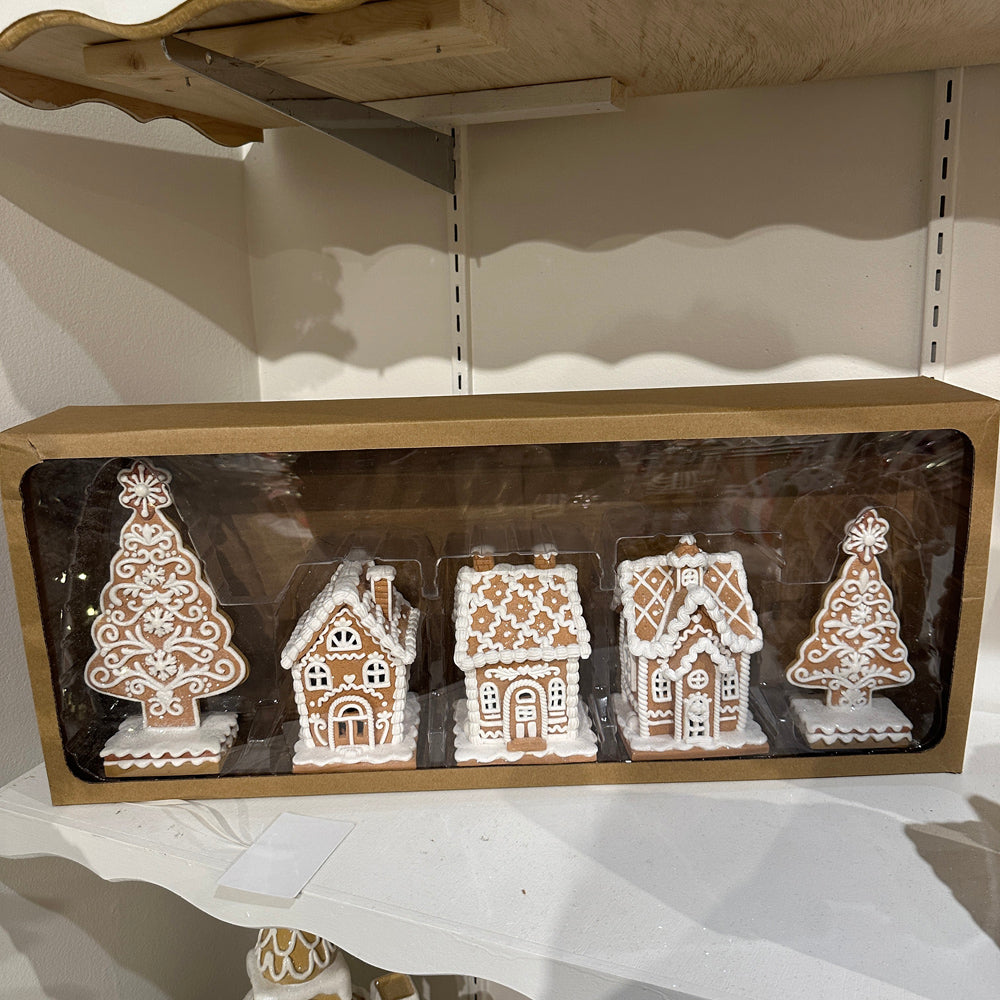 Viv! Christmas Kerstbeeld - Box met Kerstbomen & Gingerbread Huisjes incl. LED Verlichting - set van 5 - bruin wit - 20cm