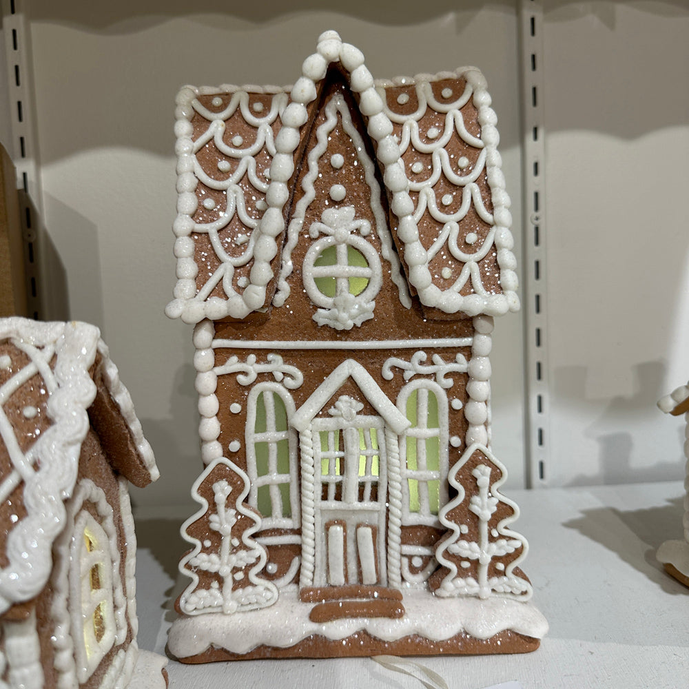 Viv! Christmas Tabletop Figure - Small Gingerbread House of Clay with Icing Details incl. LED Lighting - brown white - 28cm