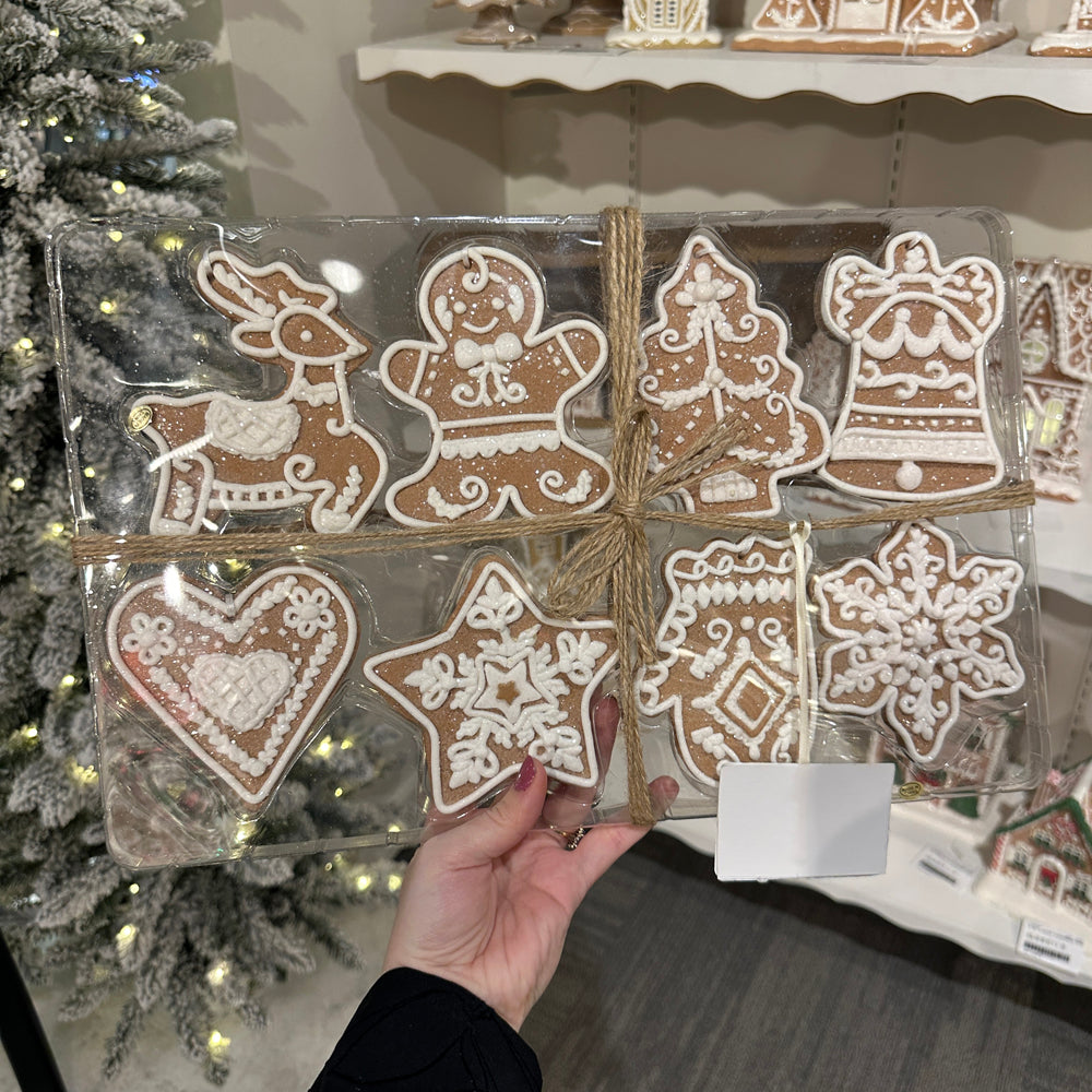 Viv! Christmas Kerstornament - Box met Gingerbread Figuren - set van 8 - bruin wit - 12cm