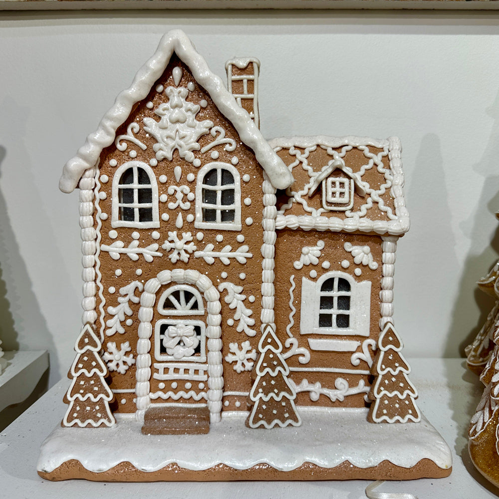 Viv! Christmas Tabletop Figure - Gingerbread House of Clay with Icing Details incl. LED Lighting - brown white - 32cm