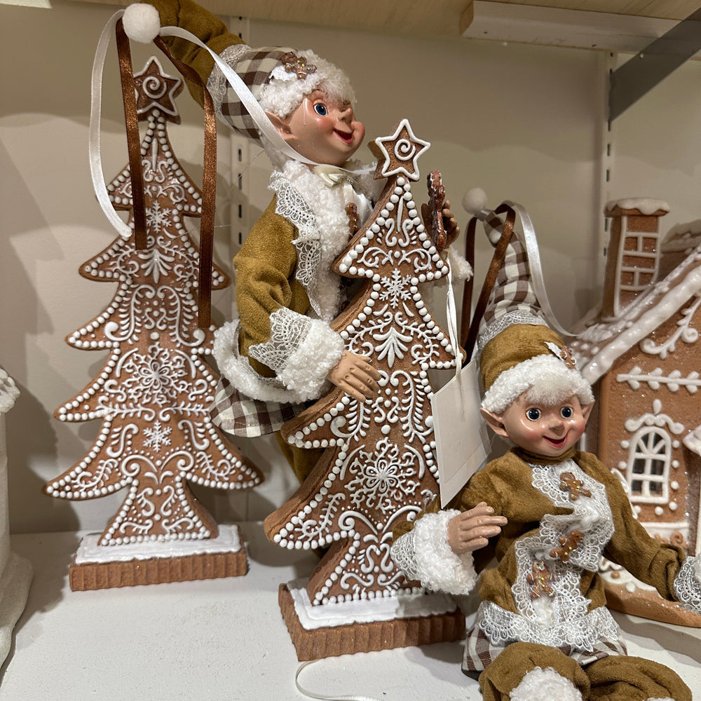 Viv! Christmas Tabletop Figure - Gingerbread Trees with Icing Details - Set of 2 - Brown White - 38 and 32cm