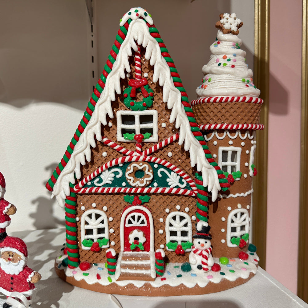 Viv! Christmas Kerstbeeld - Gingerbread Huis van Klei met IJstoren incl. LED Verlichting - bruin rood groen - 30cm