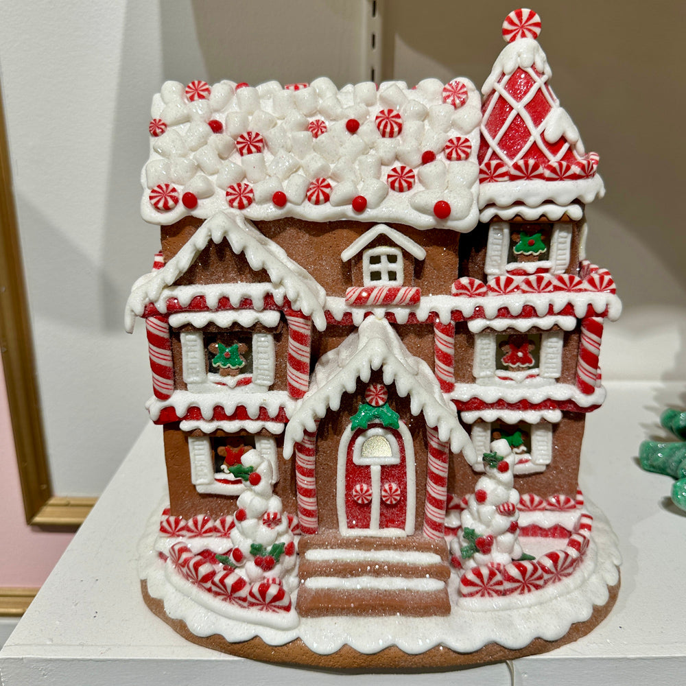 Viv! Christmas Kerstbeeld - Gingerbread Huis van Klei met Pepermunt Snoep incl. LED Verlichting - bruin rood - 28cm