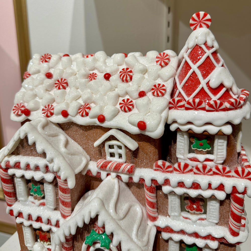 Viv! Christmas Kerstbeeld - Gingerbread Huis van Klei met Pepermunt Snoep incl. LED Verlichting - bruin rood - 28cm