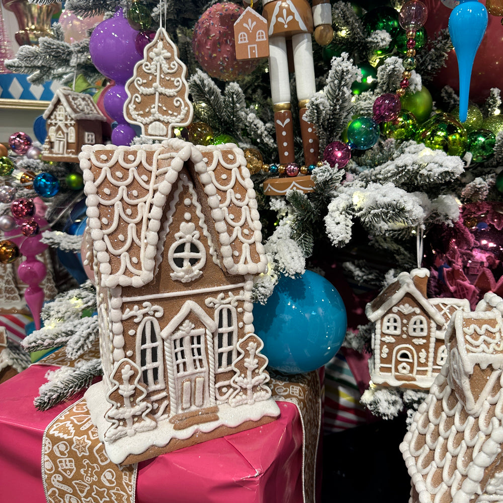 Viv! Christmas Tabletop Figure - Small Gingerbread House of Clay with Icing Details incl. LED Lighting - brown white - 28cm