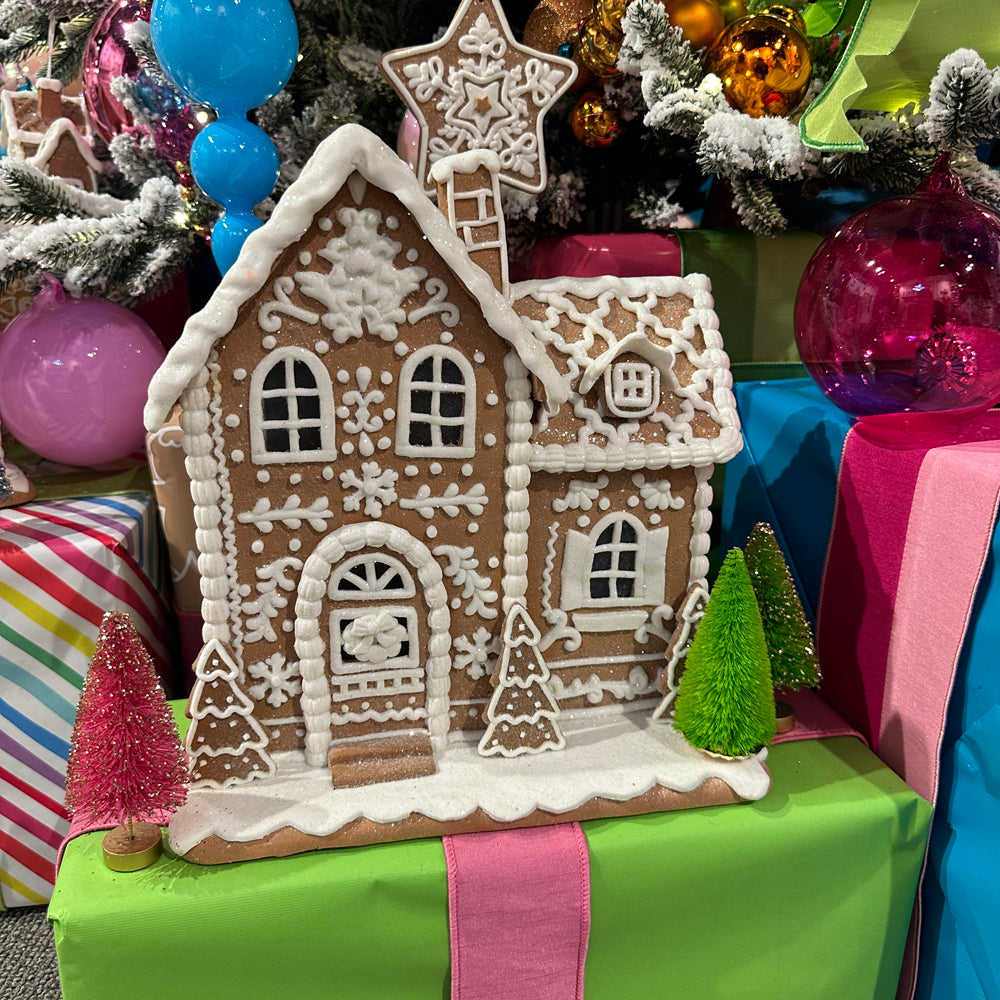Viv! Christmas Tabletop Figure - Gingerbread House of Clay with Icing Details incl. LED Lighting - brown white - 32cm