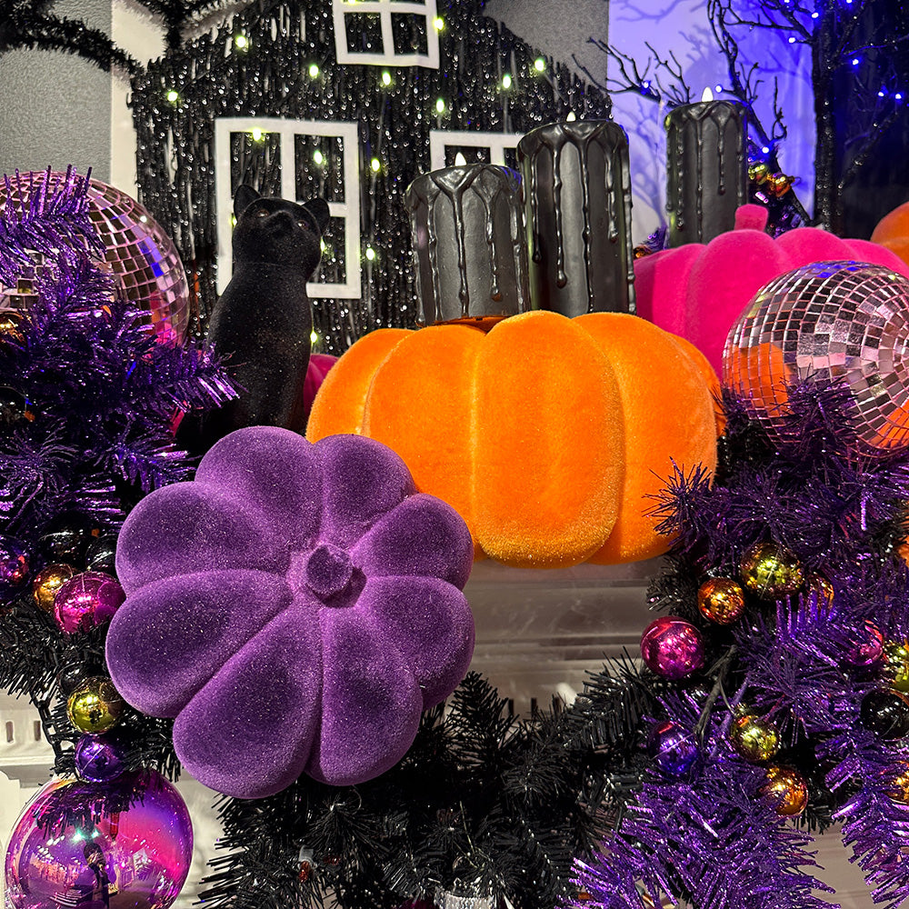 Viv! Christmas Halloween Decoratie Beeld - Oranje Geflockte Pompoenen - set van 2 - 20 cm