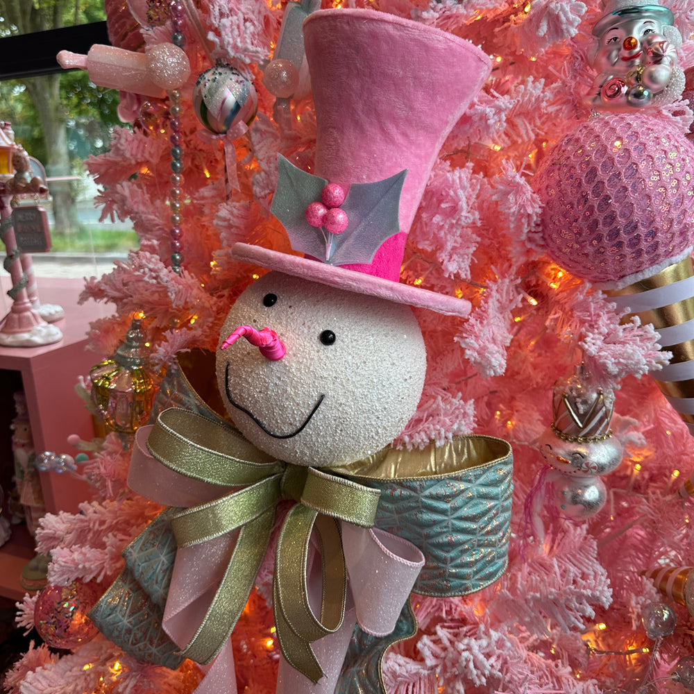 Viv! Christmas Kerstboom Centerpiece - Rond Sneeuwpop Hoofd met Roze Hoed & Hulstblaadjes - pastel - 36cm