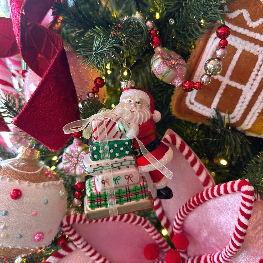 Viv! Christmas Kerstornament - Kerstman met Cadeaus - glas - rood groen - 10cm