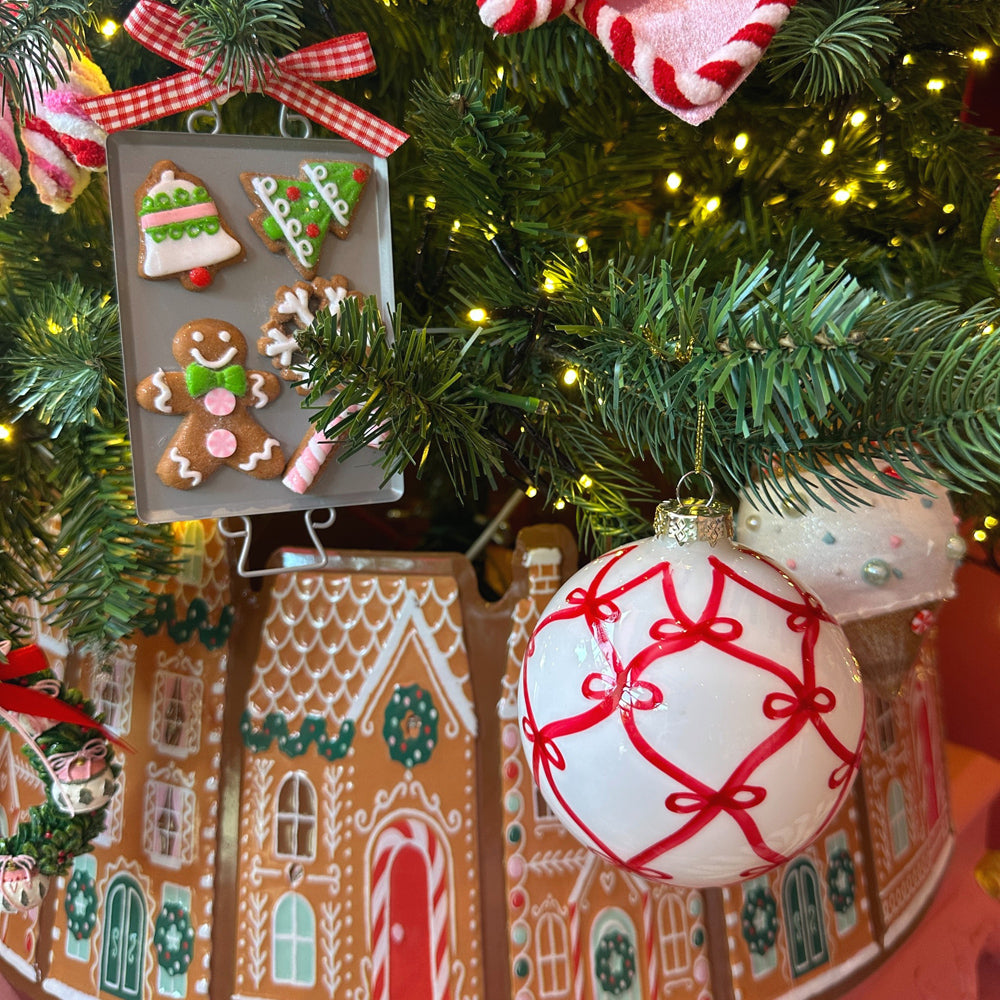 Viv! Christmas Kerstbal - Rode Strikken - glas - rood wit - 10cm