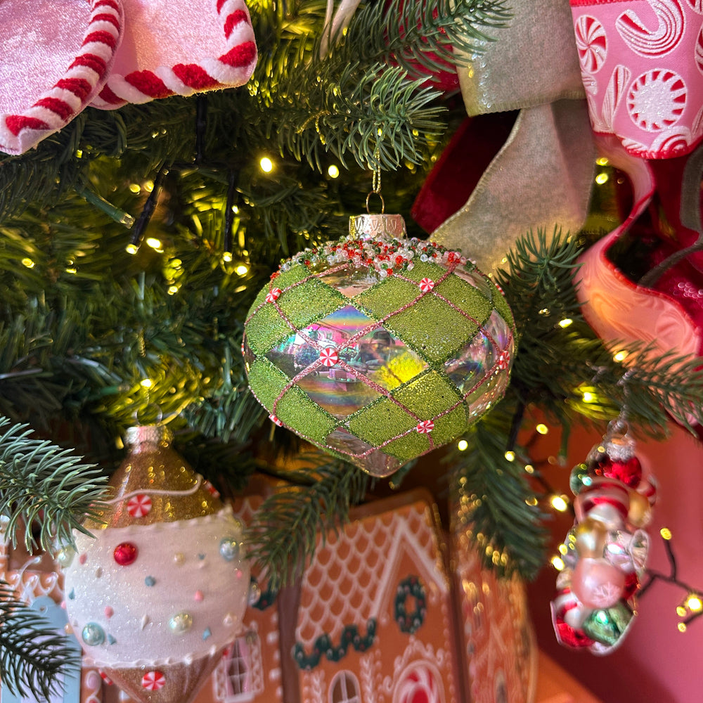 Viv! Christmas Bauble - Plaid Pattern w/ Peppermint Candy - Set of 3 - Glass - Green - 10 cm