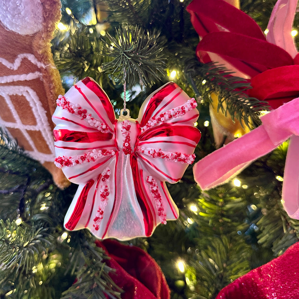 Viv! Christmas Ornament - Peppermint Candy Bow - Glass - Red Pink - 11 cm
