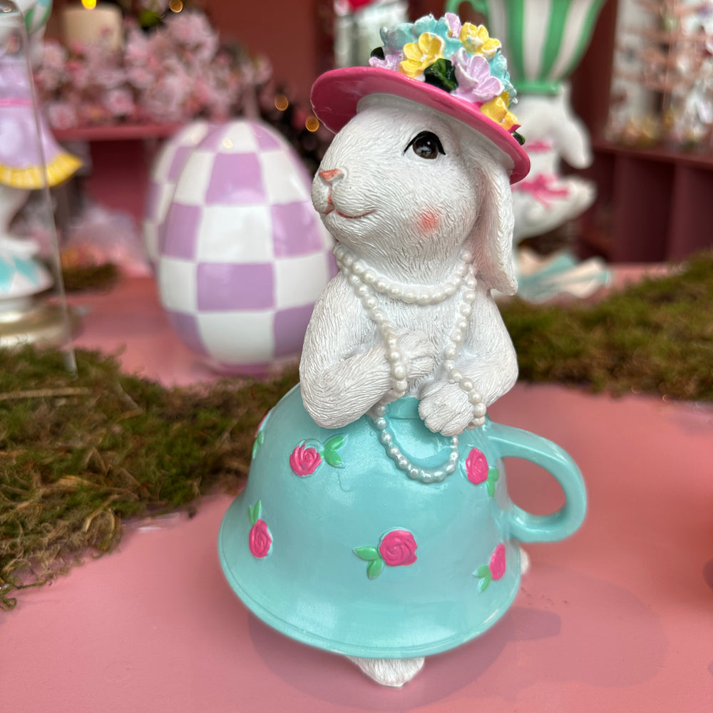 Viv! Christmas Easter Decoration - Bunnies in Teacup Dresses with Pearl Necklaces - Set of 2 - 17cm