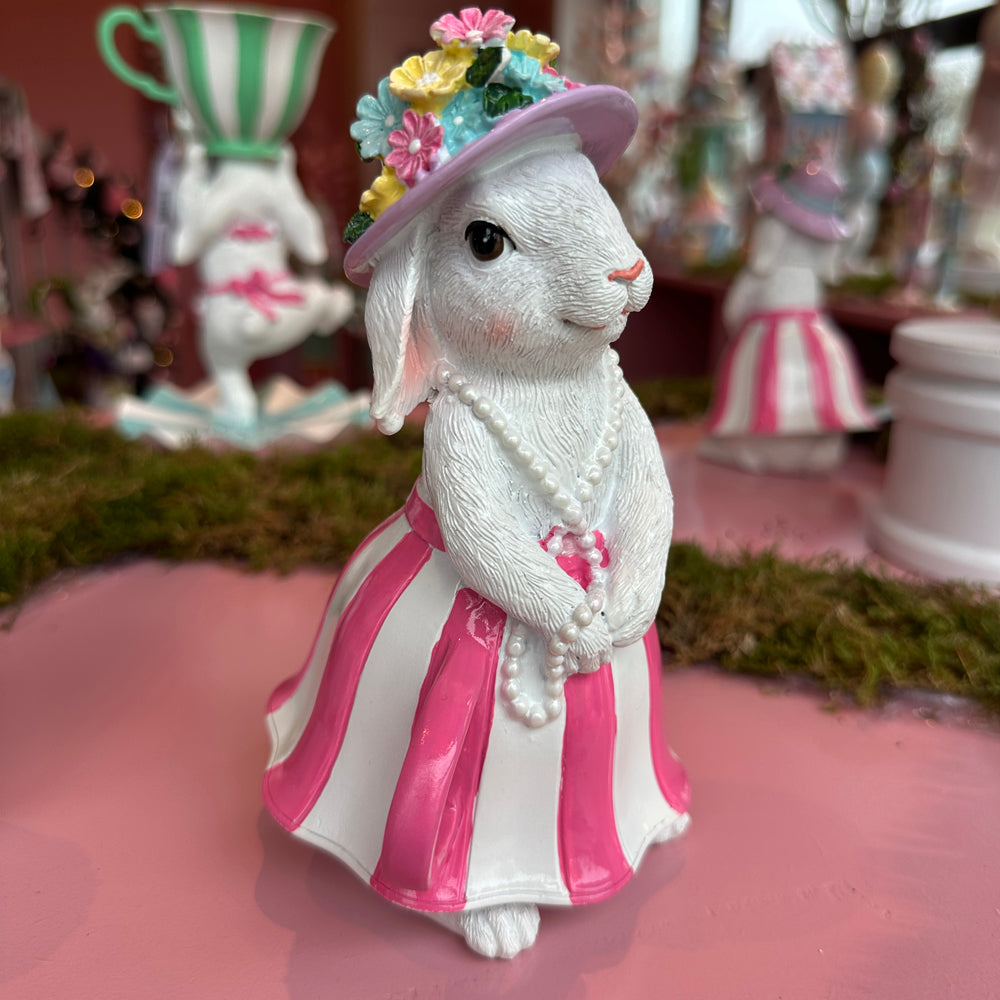 Viv! Christmas Easter Decoration - Bunnies in Teacup Dresses with Pearl Necklaces - Set of 2 - 17cm