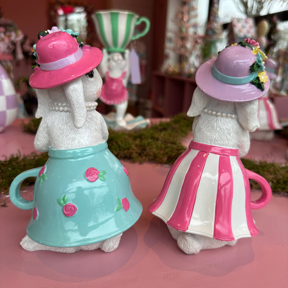 Viv! Christmas Easter Decoration - Bunnies in Teacup Dresses with Pearl Necklaces - Set of 2 - 17cm