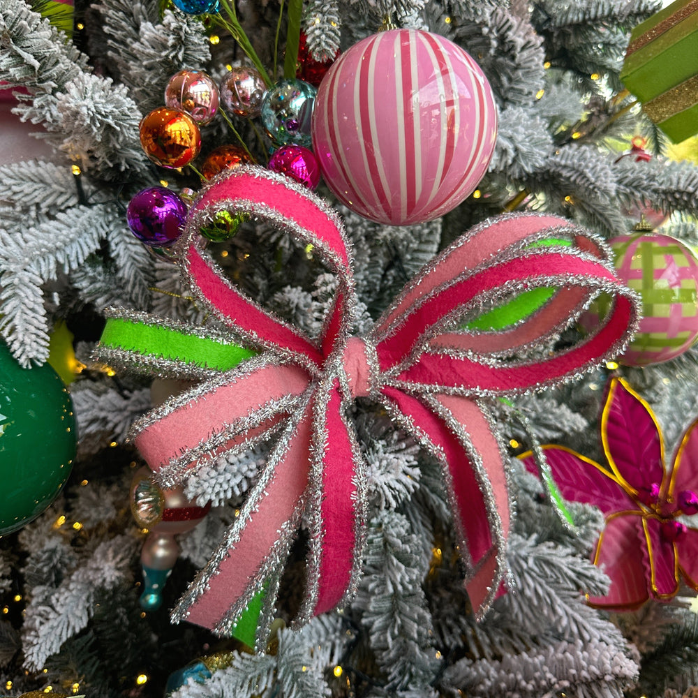 Viv! Christmas Wired Ribbon - Tinsel Felt - Green Silver - 2.5 cm x 9.1 m