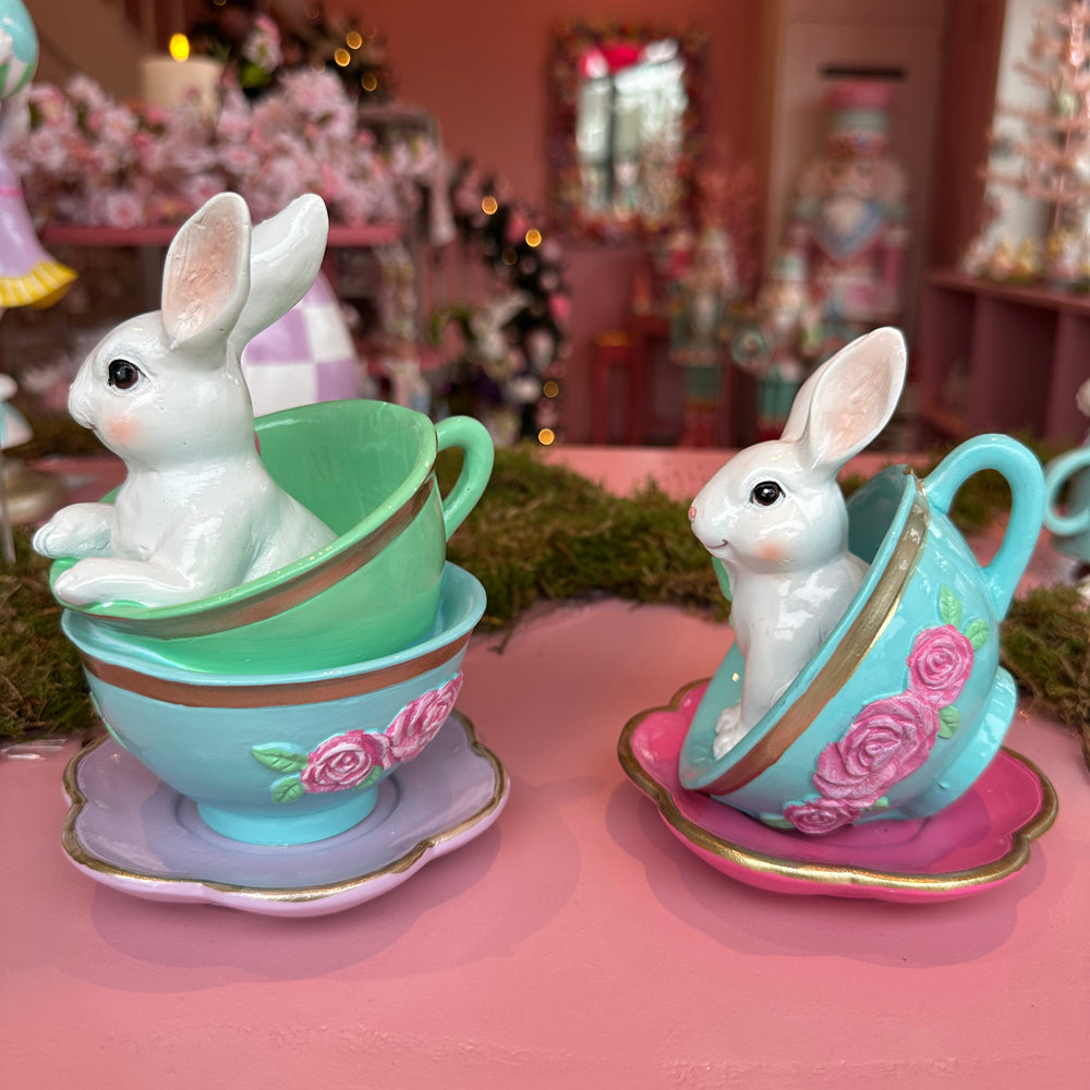 Viv! Christmas Easter Decoration - Bunny in Teacup - Set of 2 - 16 & 13cm