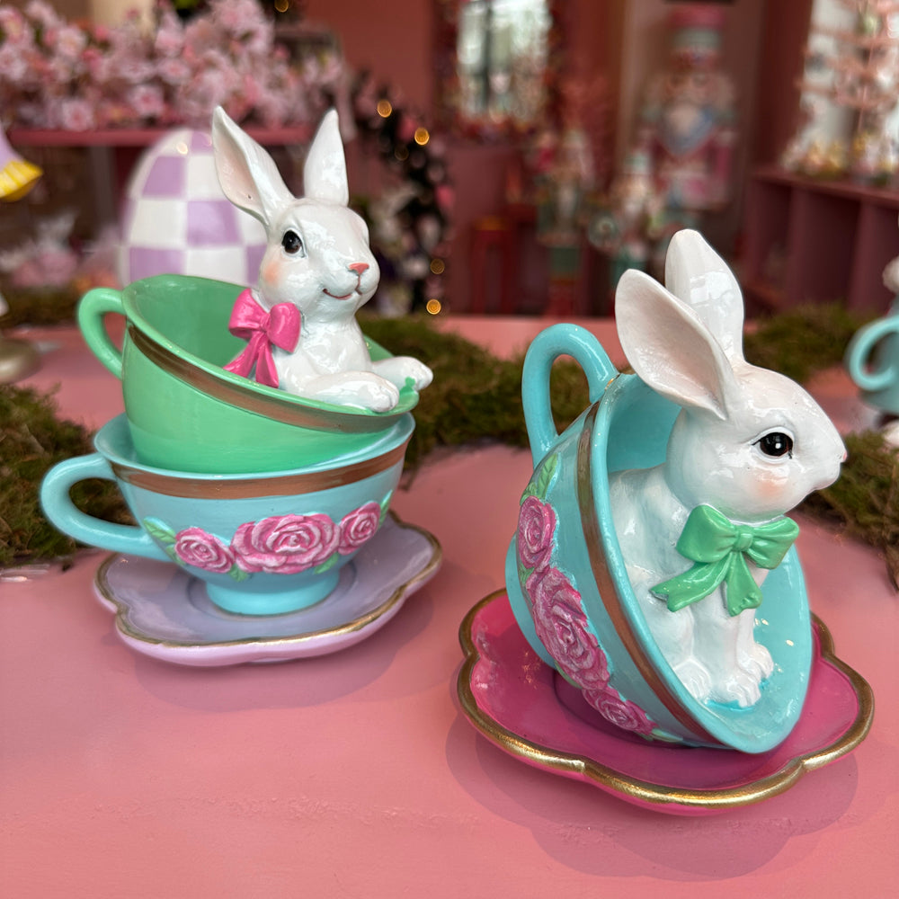 Viv! Christmas Easter Decoration - Bunny in Teacup - Set of 2 - 16 & 13cm