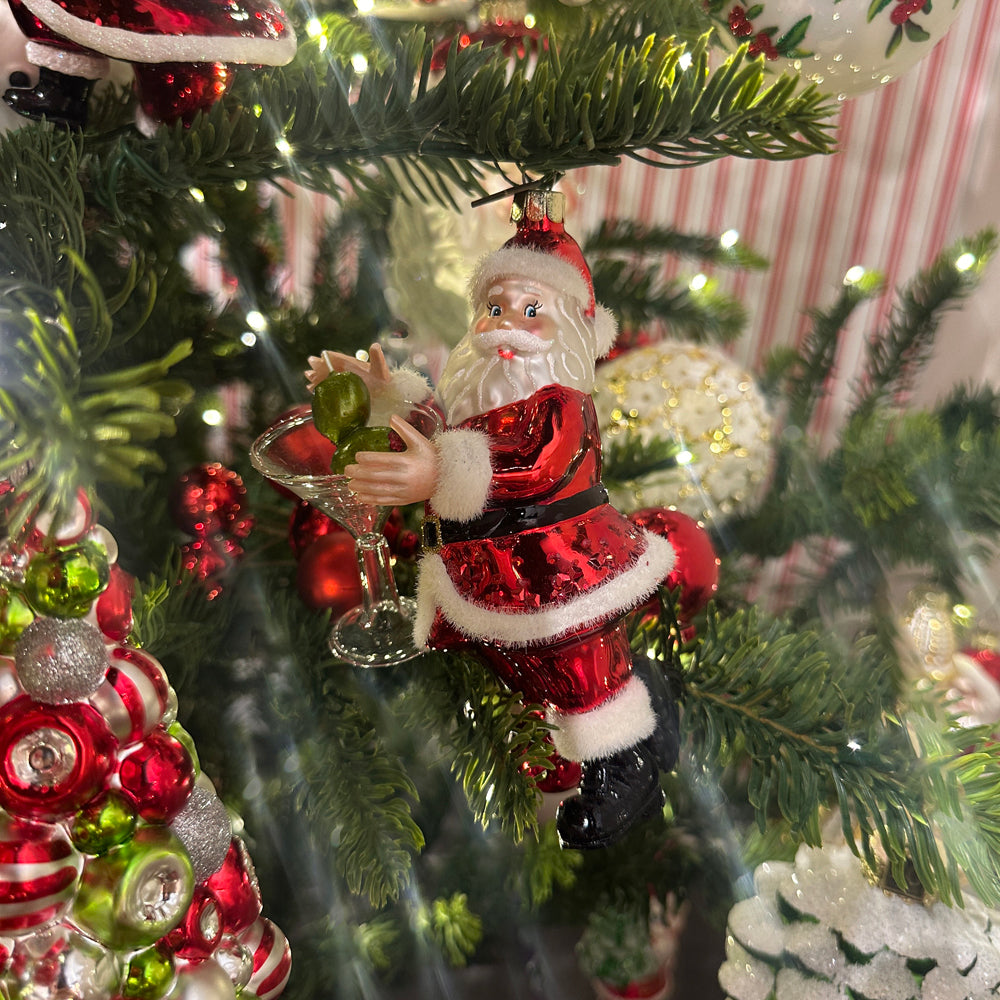 Viv! Christmas Kerstornament - Kerstman met Martini Glas en Olijven - glas - rood - 15cm