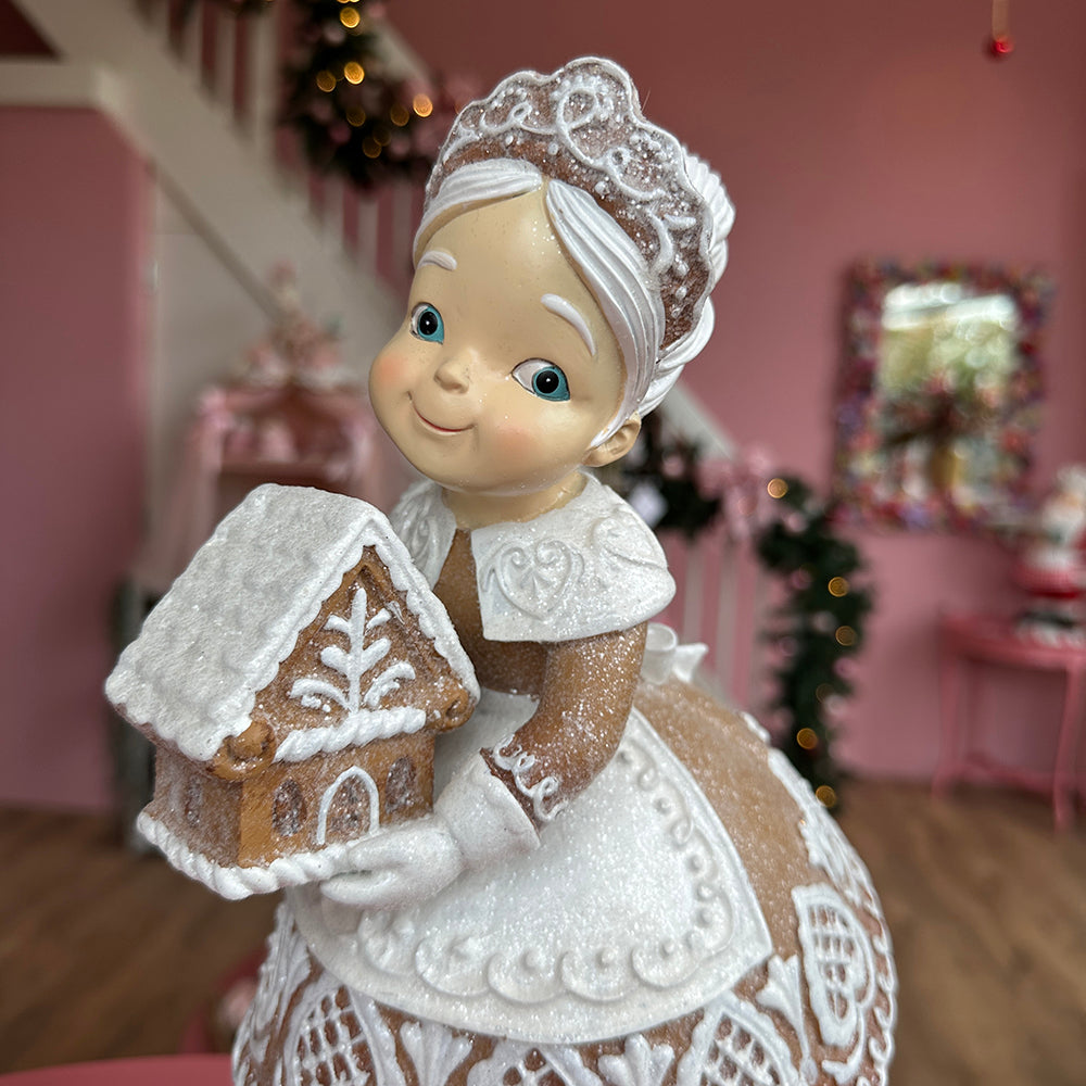 Viv! Christmas Kerstbeeld - Gingerbread Mrs. Claus met Snoephuis - bruin wit - 33cm