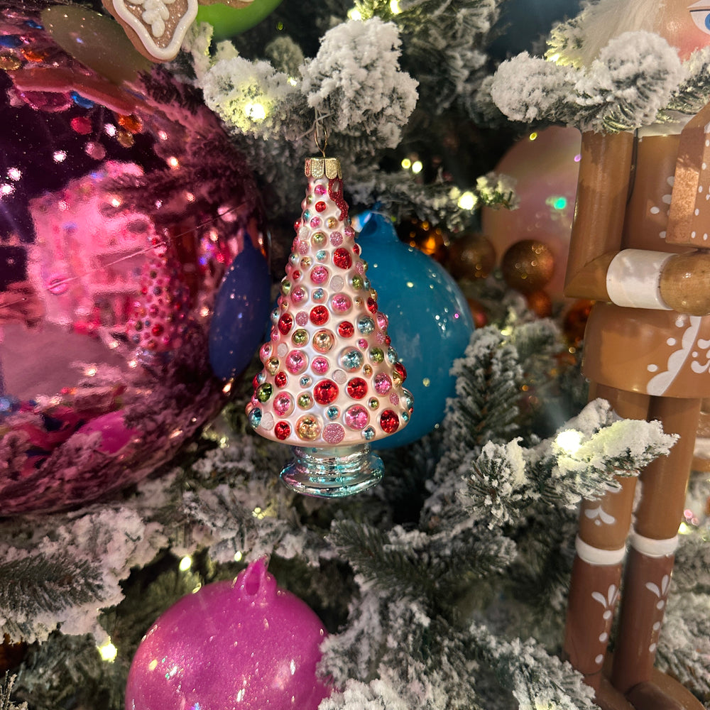 Viv! Christmas Kerstornament - Gedecoreerde Kerstbomen - set van 3 - glas - groen roze - 13cm