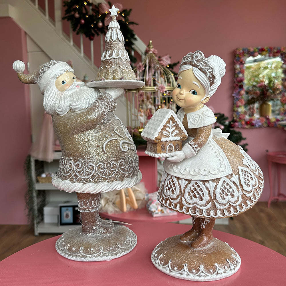 Viv! Christmas Kerstbeeld - Gingerbread Mrs. Claus met Snoephuis - bruin wit - 33cm