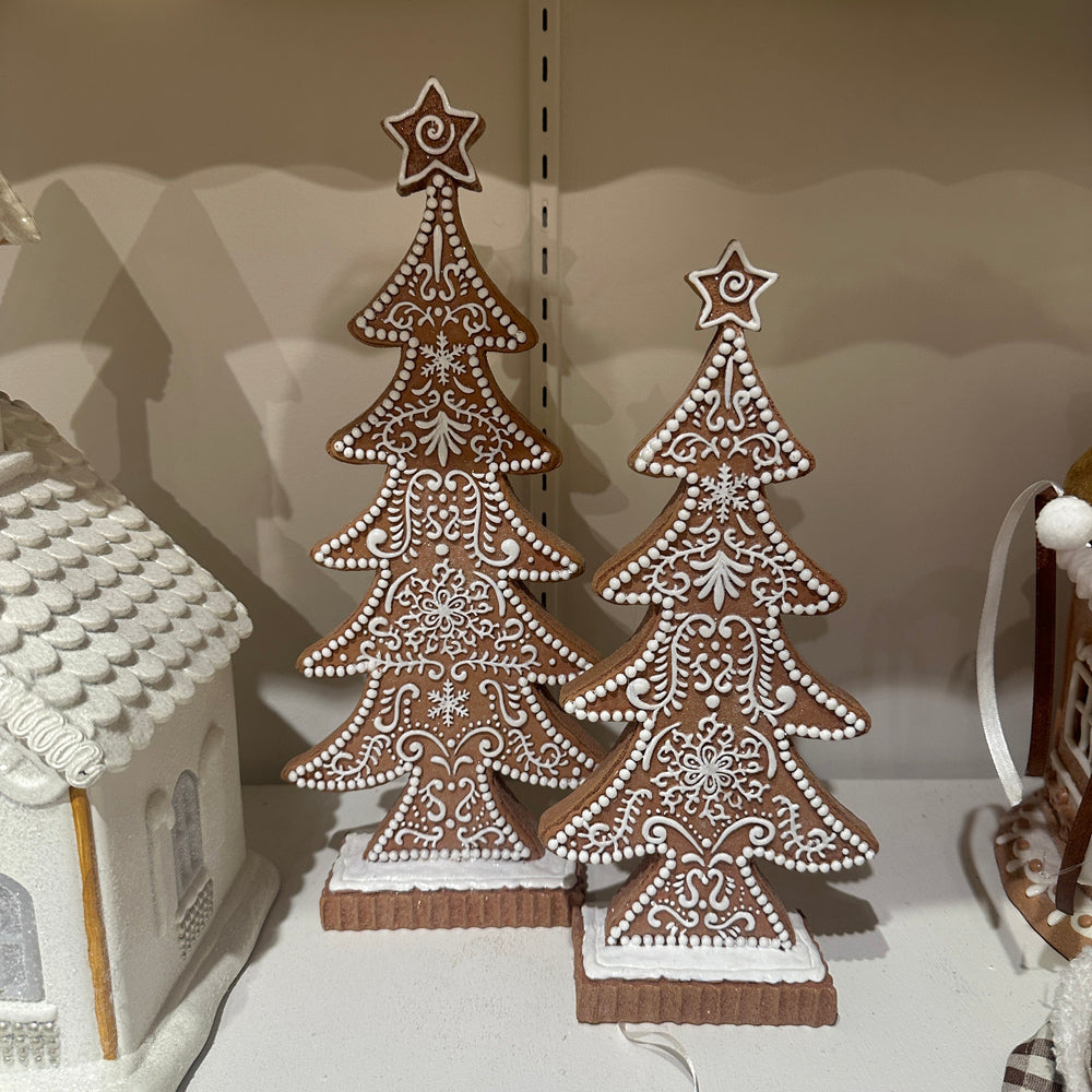 Viv! Christmas Tabletop Figure - Gingerbread Trees with Icing Details - Set of 2 - Brown White - 38 and 32cm