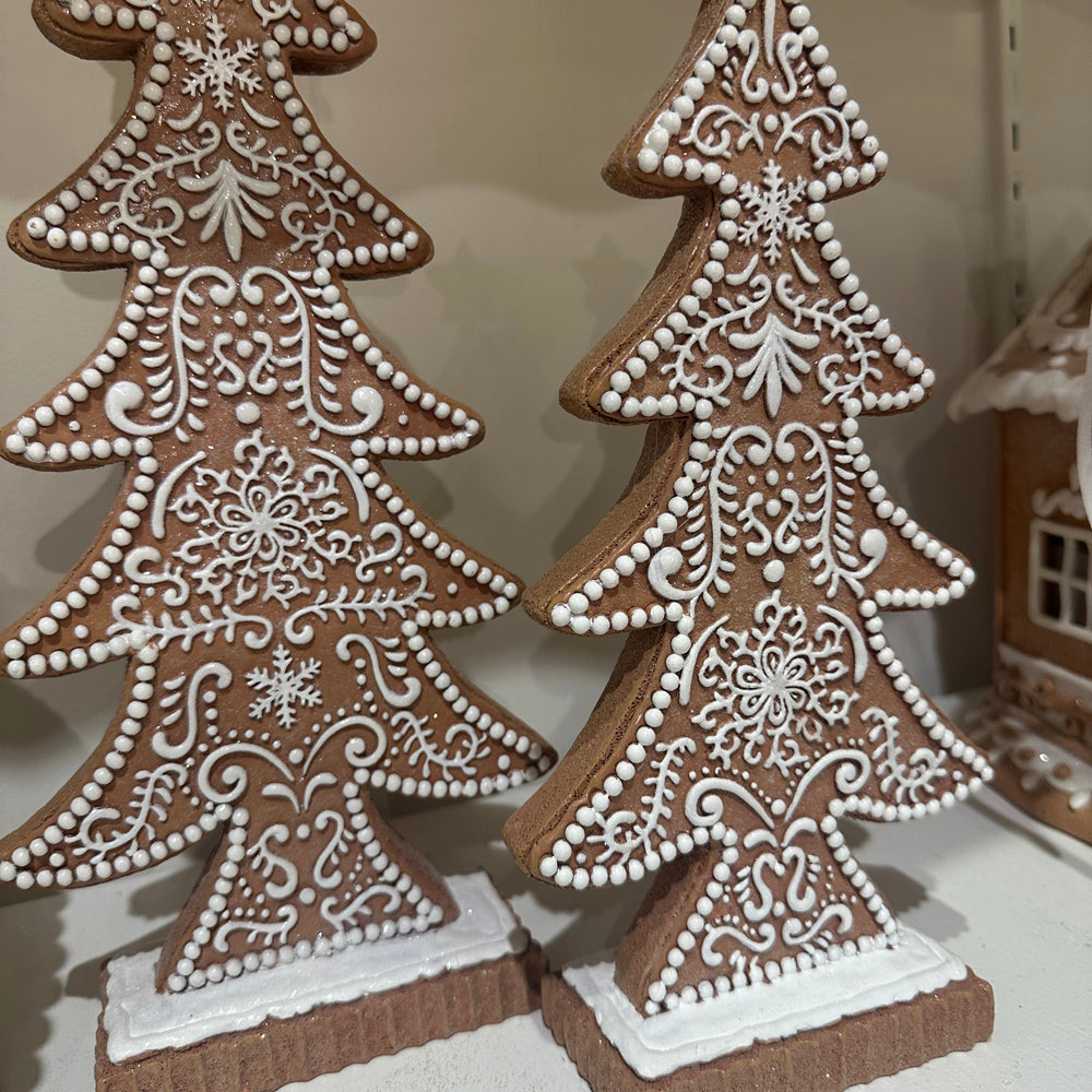Viv! Christmas Tabletop Figure - Gingerbread Trees with Icing Details - Set of 2 - Brown White - 38 and 32cm