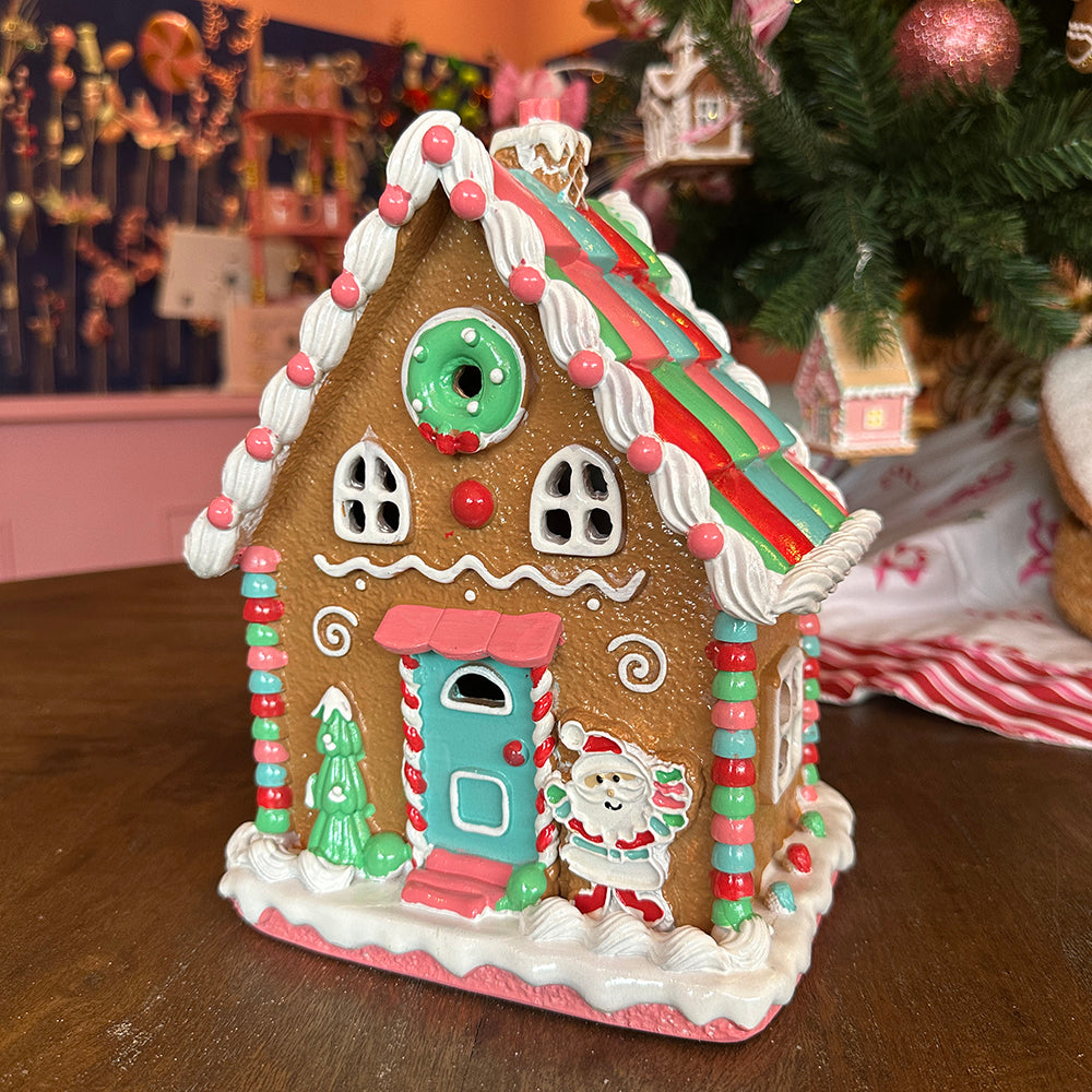 Viv! Christmas Kerstbeeld - Gingerbread Huis met Kerstman incl. LED Verlichting - roze rood blauw groen - 25cm