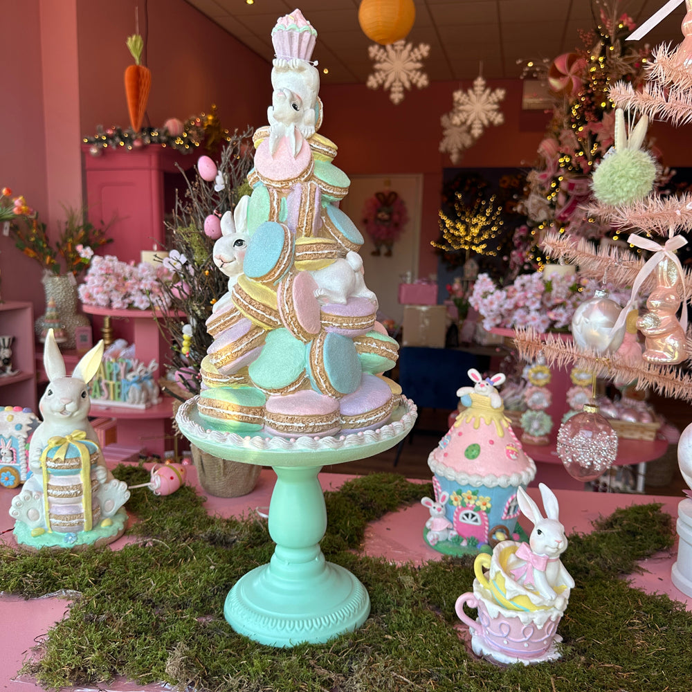 Viv! Christmas Easter Decorations - Cake with Macarons and Bunnies on Metal Base - Pastel - 60cm