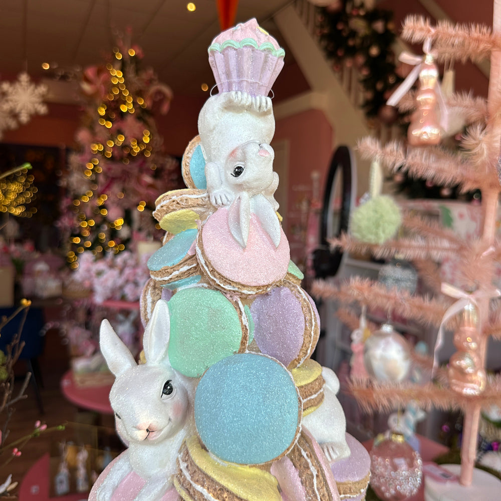 Viv! Christmas Easter Decorations - Cake with Macarons and Bunnies on Metal Base - Pastel - 60cm