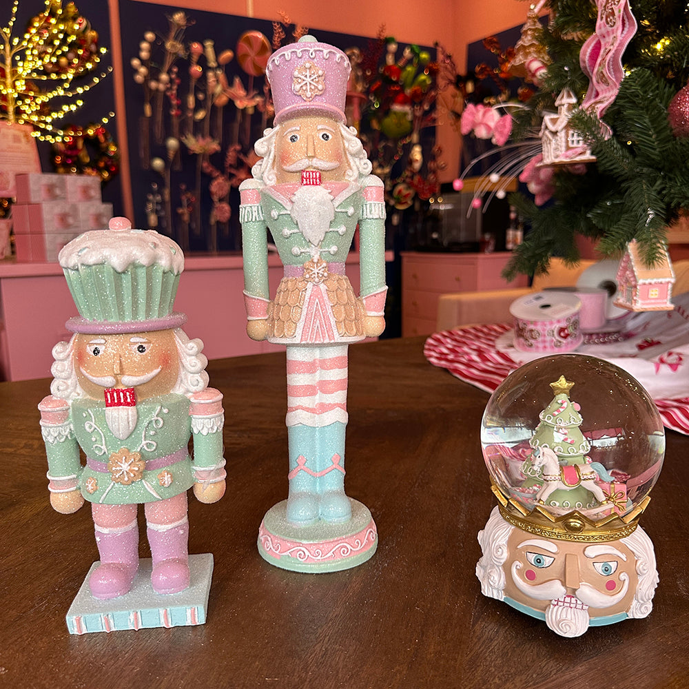 Viv! Christmas Snow Globe incl. Music Box - Nutcracker with Christmas Tree & Rocking Horse - Pastel Pink - 20cm