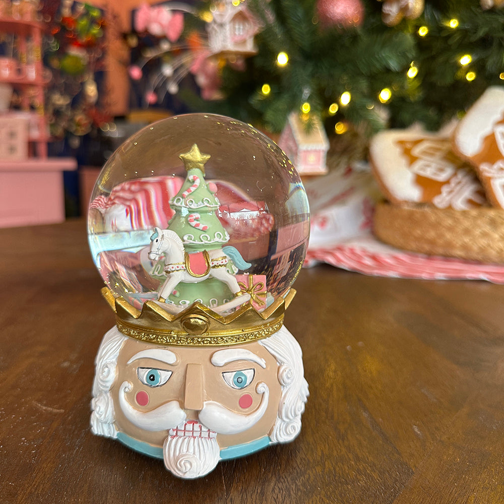 Viv! Christmas Snow Globe incl. Music Box - Nutcracker with Christmas Tree & Rocking Horse - Pastel Pink - 20cm