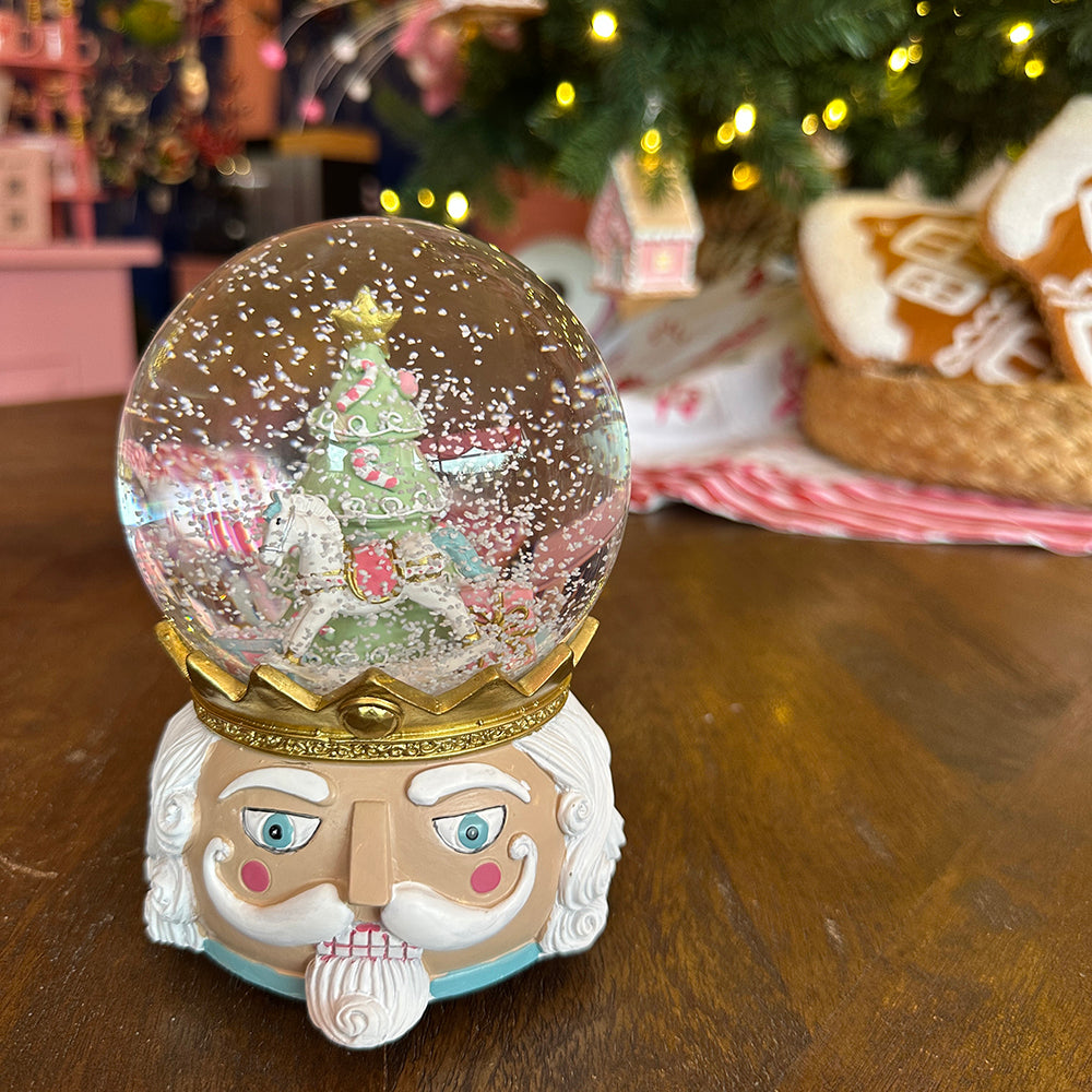 Viv! Christmas Snow Globe incl. Music Box - Nutcracker with Christmas Tree & Rocking Horse - Pastel Pink - 20cm