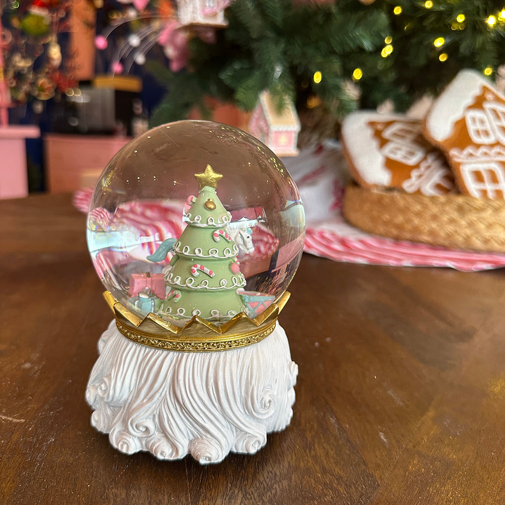 Viv! Christmas Snow Globe incl. Music Box - Nutcracker with Christmas Tree & Rocking Horse - Pastel Pink - 20cm