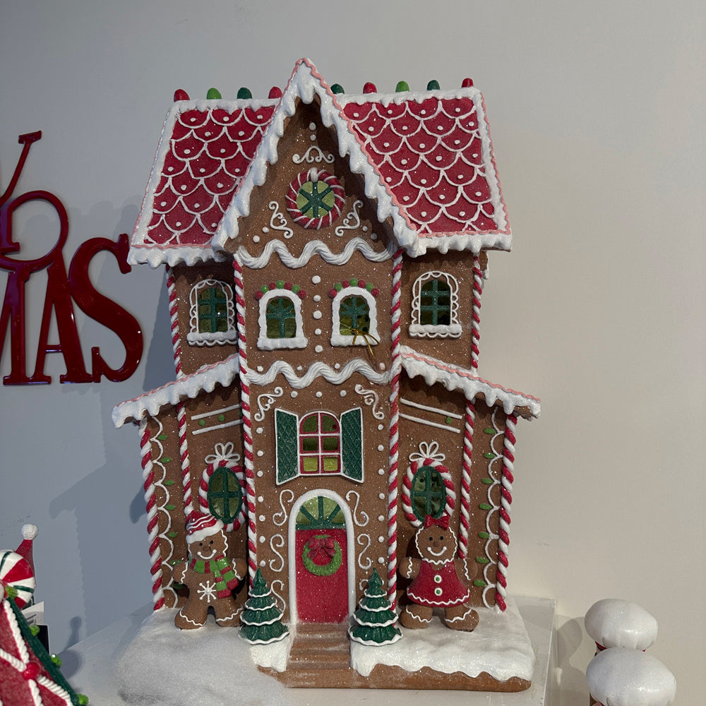 Viv! Christmas Kerstbeeld - XL Gingerbread Huis incl. LED Verlichting - bruin rood - 76cm