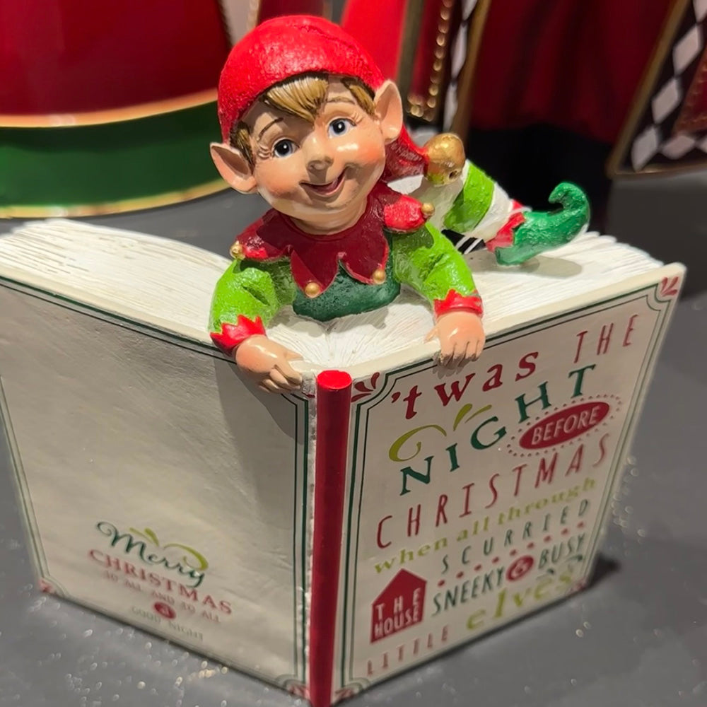 Viv! Christmas Tabletop Figure - Elves Peeking Out of a Book - Green Red - 18.5cm