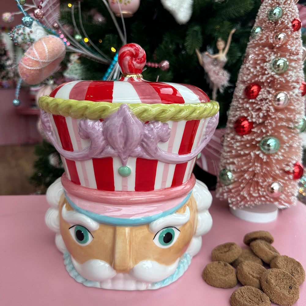 Viv! Christmas Kerstservies - Kerst Koektrommel Notenkraker - keramiek - rood roze wit - 25cm