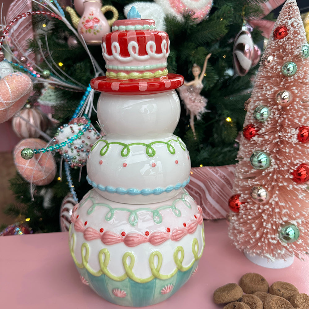 Viv! Christmas Kerstservies - Kerst Koektrommel Sneeuwpop - keramiek - pastel - roze wit - 36cm