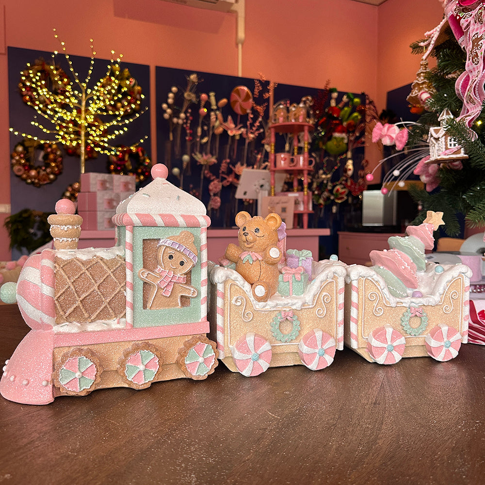 Viv! Christmas Kerstbeeld - XL Gingerbread Trein met Beertje - pastel roze - 62cm