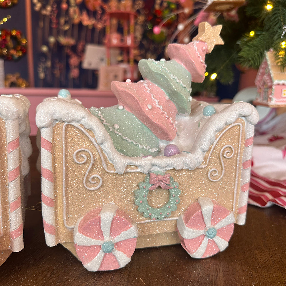 Viv! Christmas Kerstbeeld - XL Gingerbread Trein met Beertje - pastel roze - 62cm
